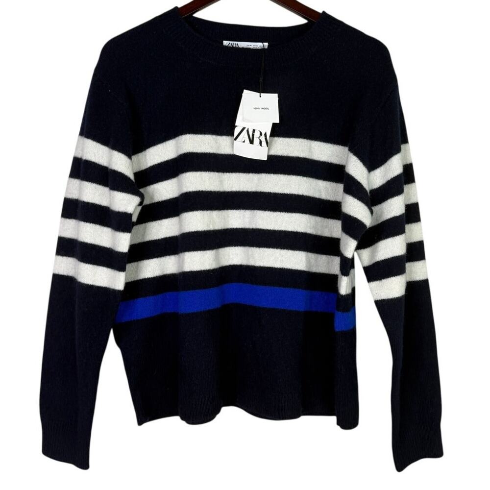 NWT  Zara Wool Boxy Oversized Striped Soft Long Sleeve Sweater XL Blue White